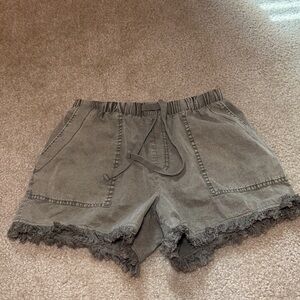 Green Fringe Pull On Drawstring Shorts